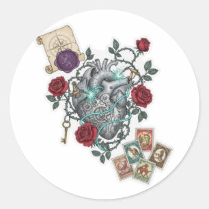 Mechanisches Herz mit Rosen – Vintage-Surreal-Kuns Runder Aufkleber