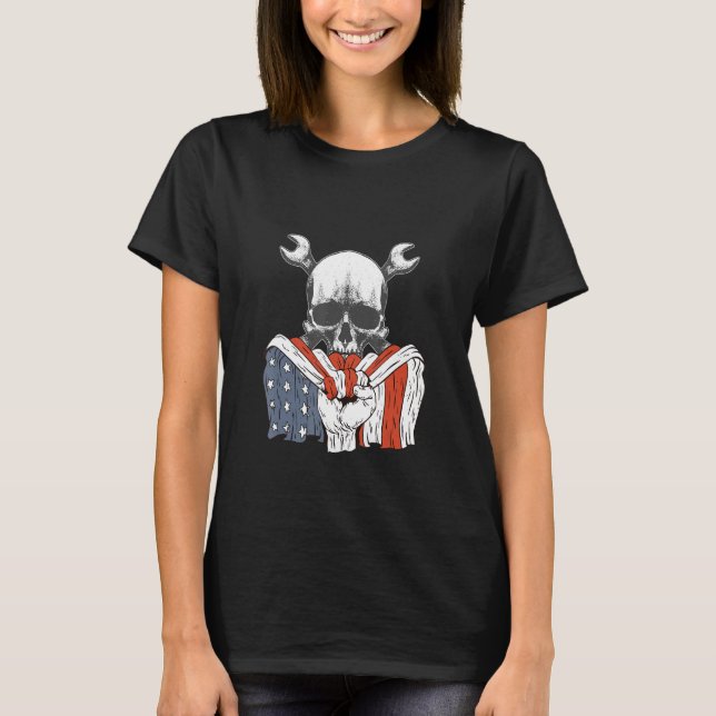 Mechanisches Skelett mit amerikanischer Flagge T-Shirt (Vorderseite)