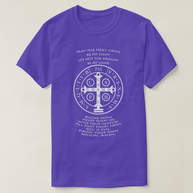Medaille von Saint-Benedikt mit Prayeron dunkelbla T-Shirt (Design vorne)