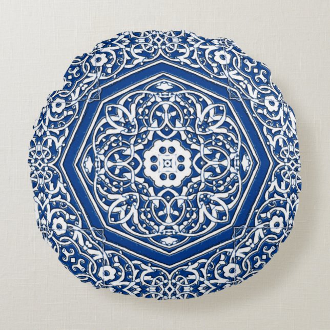 Medallion in persischem Fliesenmuster - Blau und W Rundes Kissen (Vorderseite)