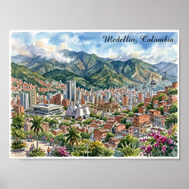 Medellin, Kolumbien Panoramablick Wasserfarbenkuns Poster