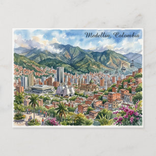 Medellin, Kolumbien Panoramablick Wasserfarbenkuns Postkarte