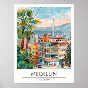Medellin Kolumbien Vintage-Kunst-Illustration Reis Poster