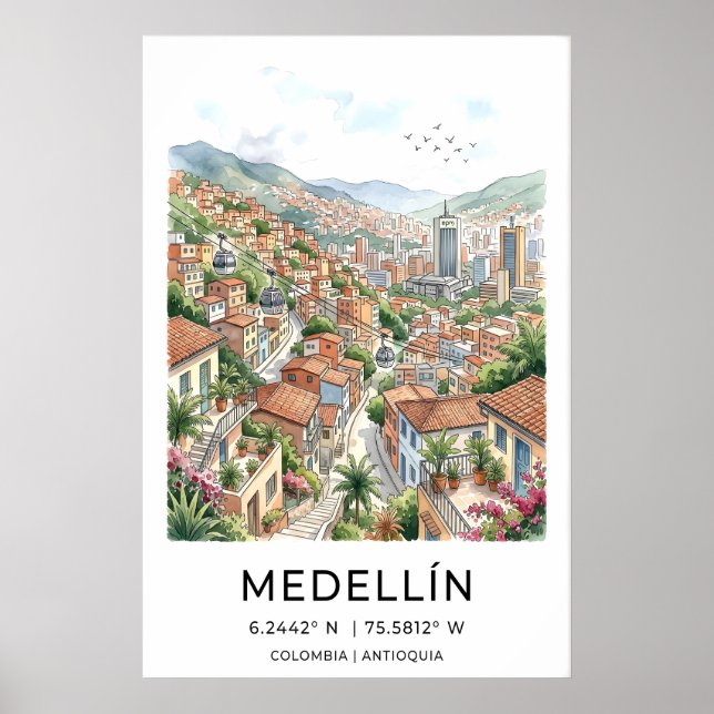 Medellin Travel Art Print Boho Watercolor City Poster (Vorne)