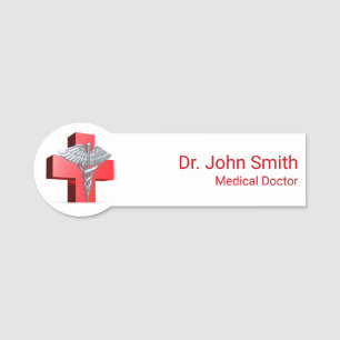 Medical 3D Caduceus Cross Red Silver Namensschild