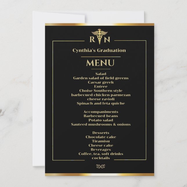 Medical Abschluss Dinner Menu für Black & Gold Einladung (Vorderseite)