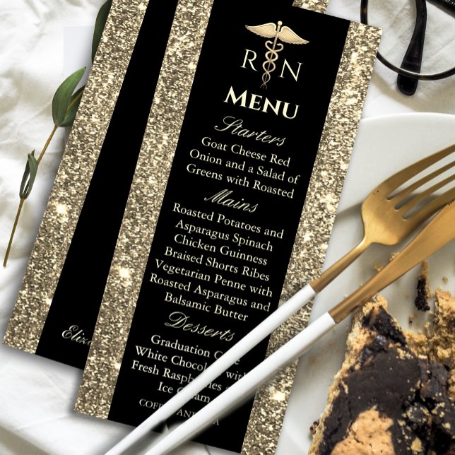 Medical Abschluss Menu für Schwarz und Gold Glitze Einladung ("Elegant black and gold graduation menu – a perfect touch of luxury for your celebration!🎓#Graduate)