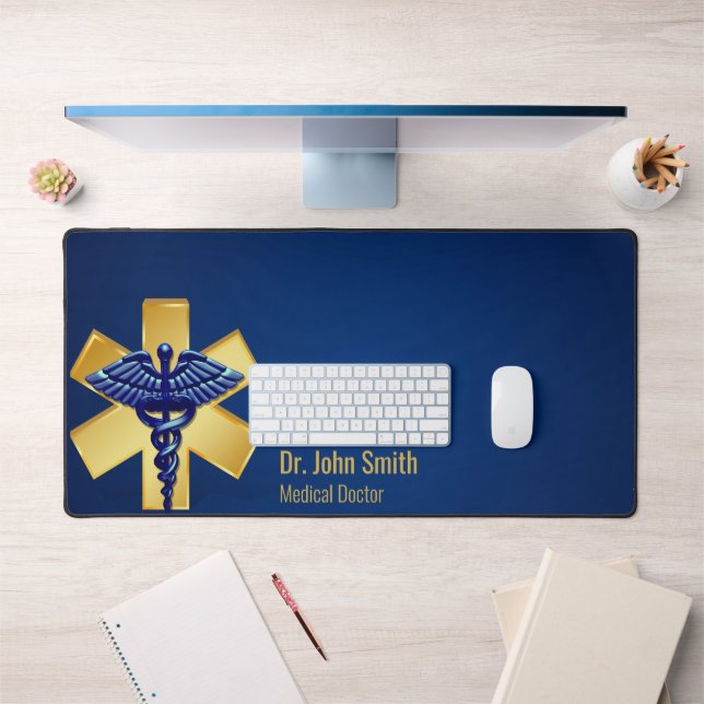 Medical Blue 3D Caduceus Gold Cross Schreibtischunterlage (Büro 1)