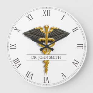 Medical Caduceus Gold Black Wings Elegante Klasse Große Wanduhr