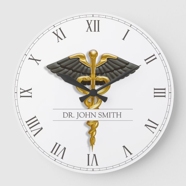 Medical Caduceus Gold Black Wings Elegante Klasse Große Wanduhr (Vorderseite)
