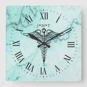 Medical Caduceus Symbol Custom Initials Marble Quadratische Wanduhr