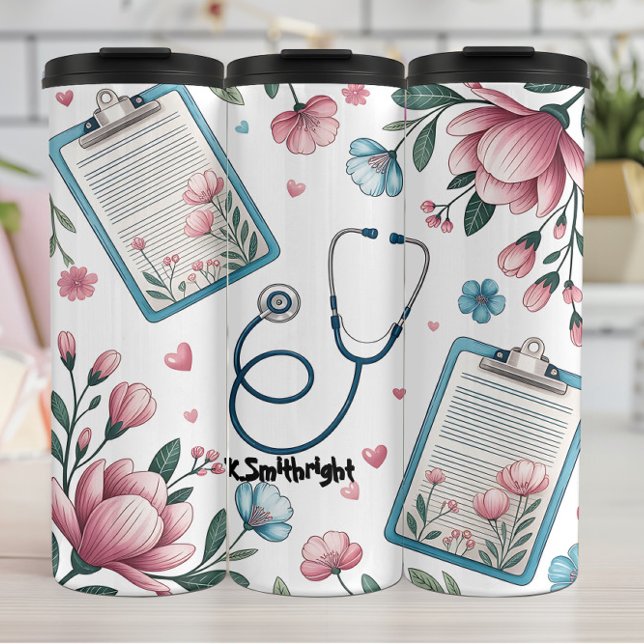 Medical Clipboard Stethoscope Floral Pattern Thermosbecher (Von Creator hochgeladen)