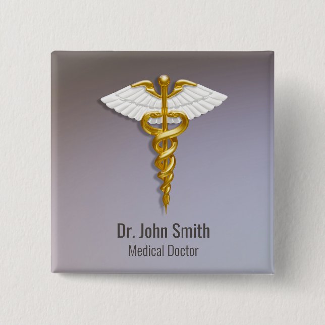 Medical Elegant Gold Caduceus White Wings Button (Vorderseite)