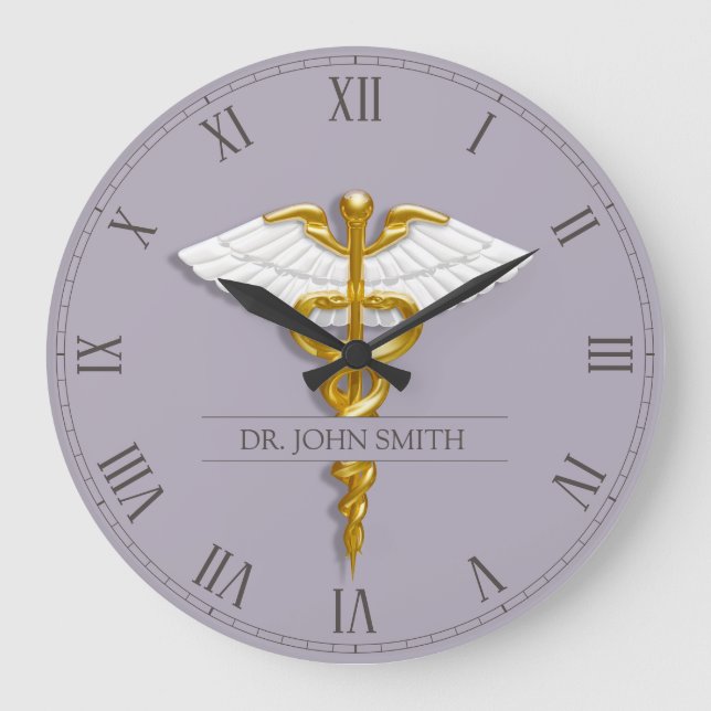 Medical Elegant Gold Caduceus White Wings Große Wanduhr (Vorderseite)
