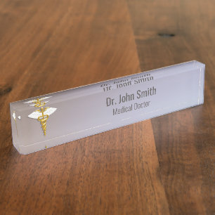 Medical Elegant Gold Caduceus White Wings Namensplakette