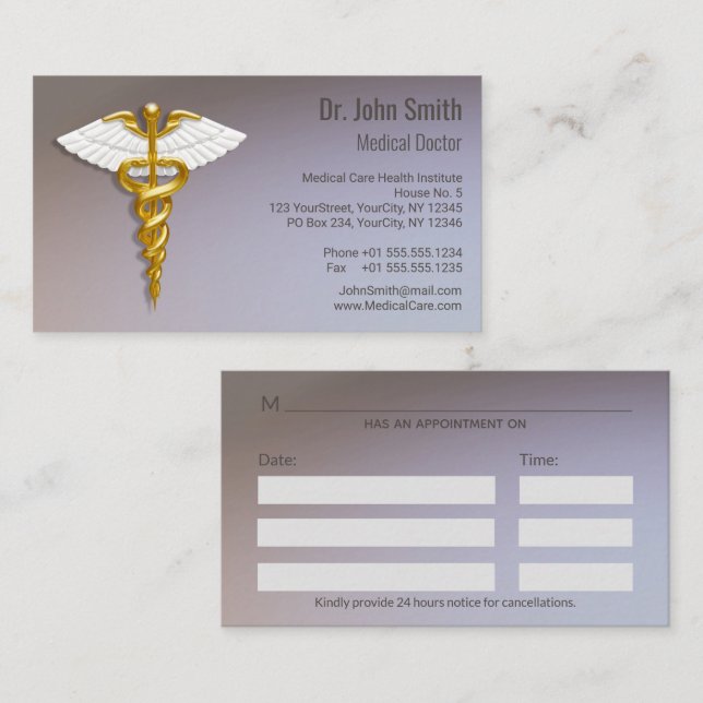 Medical Elegant Gold Caduceus White Wings Terminkarte (Vorne/Hinten)