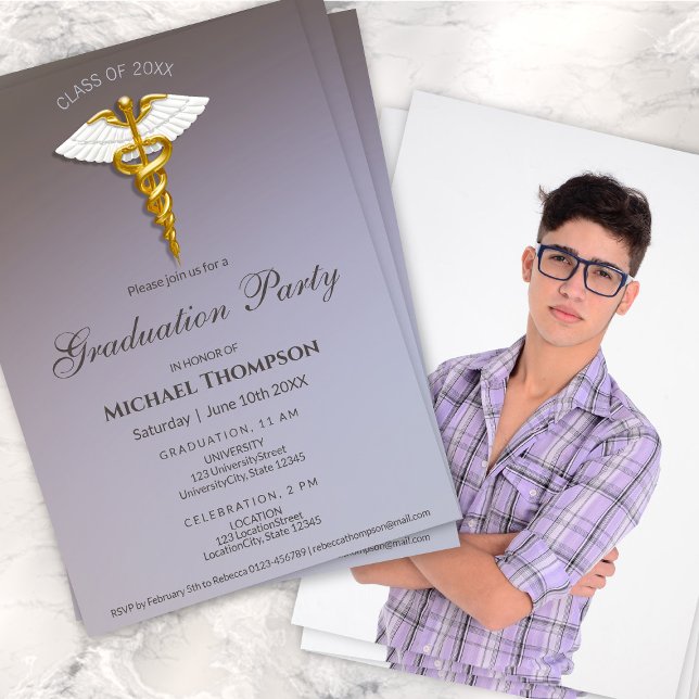 Medical Gold Caduceus Graduation Party | Photo Einladung (Von Creator hochgeladen)