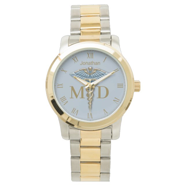 Medical Gold Light Blue Caduceus Medical Doctor MD Armbanduhr (Vorderseite)
