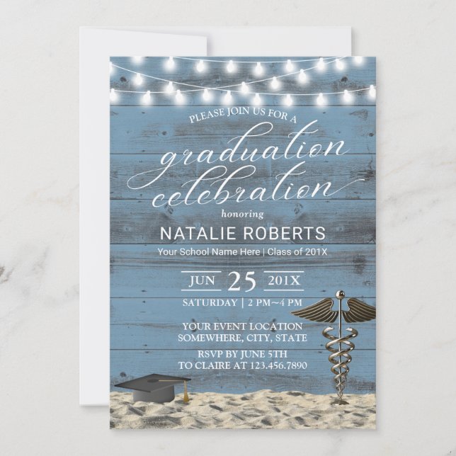Medical Graduation Party Rustic Dusty Blue Beach Einladung (Vorderseite)