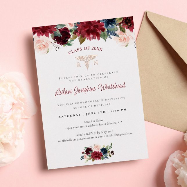 Medical Marsala Burgundy Bloral Graduation Party Folieneinladung (Von Creator hochgeladen)