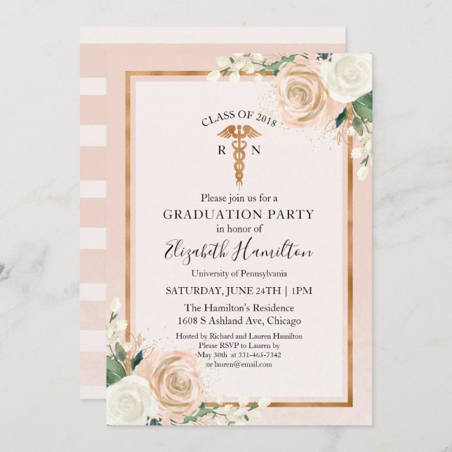 Medical Nursing School Graduation Party Rose Gold Einladung (Vorne/Hinten)