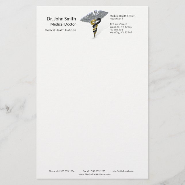 Medical Silver Caduceus Black Gold - Stationery Briefpapier (Vorderseite)