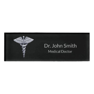 Medical Silver Caduceus on Black Classy Namenschild