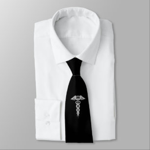 Medical Silver Gray Caduceus on Black Krawatte