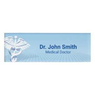 Medical White 3D Caduceus Blue Design Namenschild
