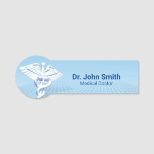 Medical White 3D Caduceus Blue Design Namensschild