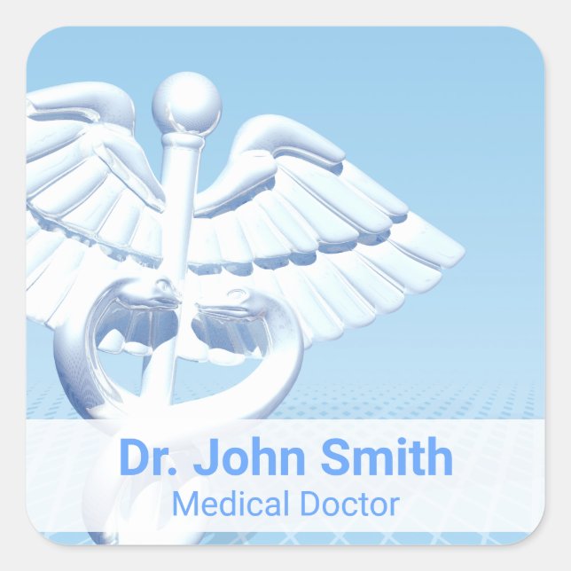 Medical White 3D Caduceus Blue Design Quadratischer Aufkleber (Vorderseite)