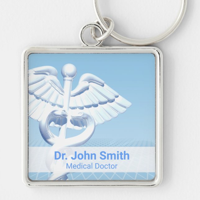 Medical White 3D Caduceus Blue Design Schlüsselanhänger (Vorne)
