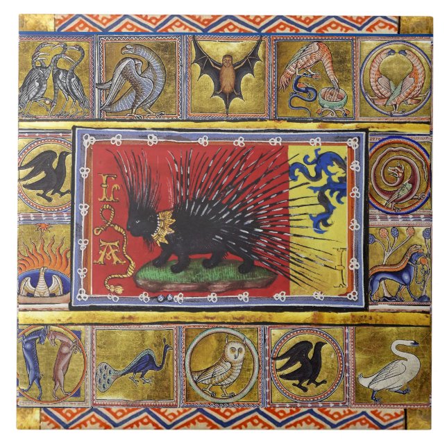 MEDIEVAL BESTIARY,BLACK HEDGEHOG KING and ANIMALS  Fliese (Vorderseite)