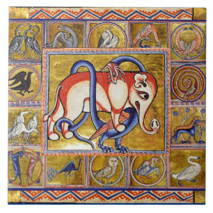 MEDIEVAL BESTIARY,ELEPHANT COMBATING SNAKE DRAGON FLIESE