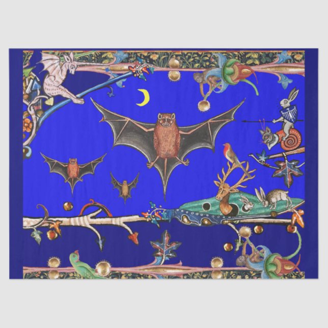 MEDIEVAL BESTIARY,FLYBATS WALDTIERE Blau Seidenpapier (Vorderseite)