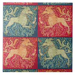 MEDIEVAL BESTIARY Lion like Beast in Red Blue Wrap Fliese