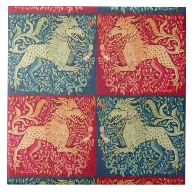 MEDIEVAL BESTIARY Lion like Beast in Red Blue Wrap Fliese (Vorderseite)