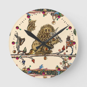 MEDIEVAL BESTIARY MAKING MUSIC Violinist Lion,Hare Runde Wanduhr