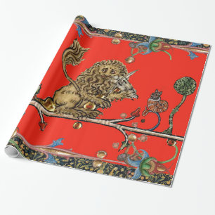 MEDIEVAL BESTIARY MAKING MUSIC Violinist Lion Red Geschenkpapier