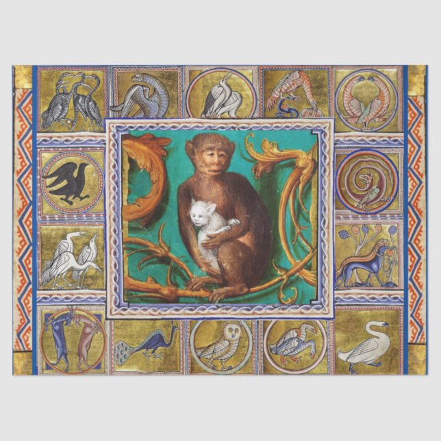 MEDIEVAL BESTIARY, MONKEY AND WHITE CAT,TIERE SEIDENPAPIER (Vorderseite)