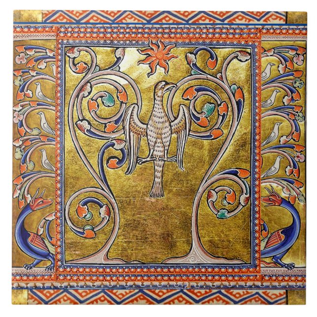 MEDIEVAL BESTIARY, PHOENIX ON TREM OF LIFE, DRAGON FLIESE (Vorderseite)