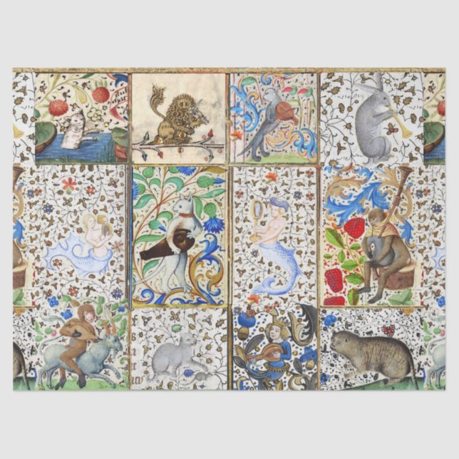 MEDIEVAL BESTIARY PLAYING MUSICAL INSTRUMENTS Blue Seidenpapier (Vorderseite)