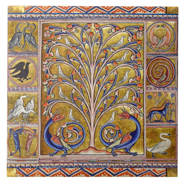 MEDIEVAL BESTIARY,VÖGEL AUF BAUM DES LEBENS,DRAGON FLIESE (Vorderseite)