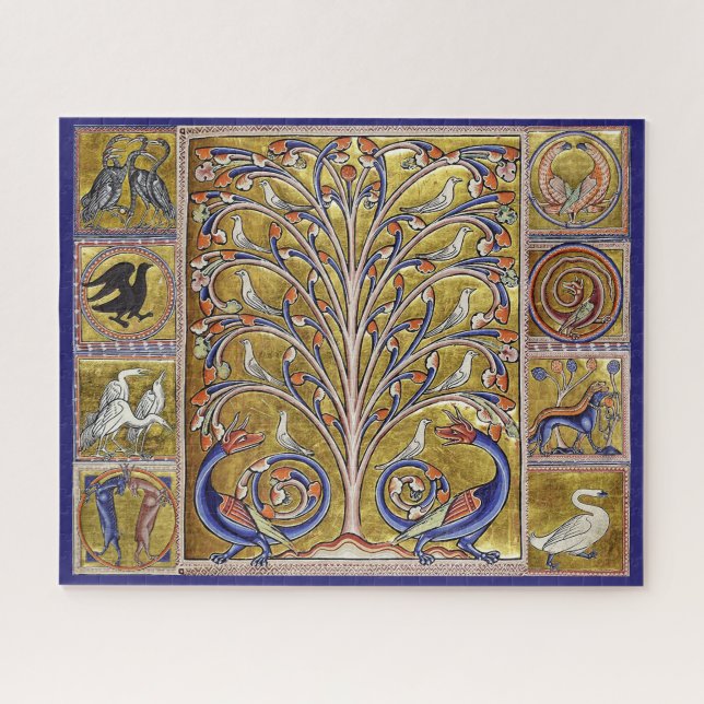 MEDIEVAL BESTIARY,VÖGEL AUF BAUM DES LEBENS,DRAGON PUZZLE (Horizontal)