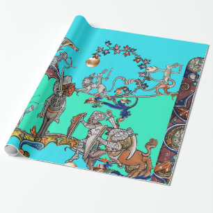 MEDIEVAL BESTIARY WAR, KNIGHTS, GIANT SNAILS Blue Geschenkpapier
