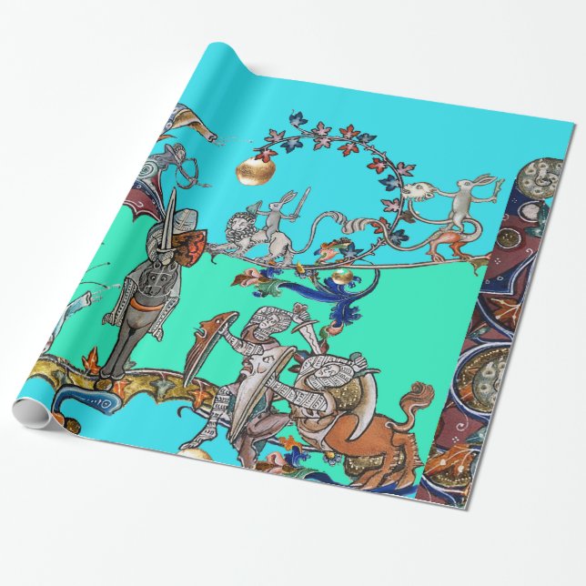 MEDIEVAL BESTIARY WAR, KNIGHTS, GIANT SNAILS Blue Geschenkpapier (Ungerollt)