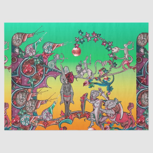 MEDIEVAL BESTIARY WAR, KNIGHTS, GIANT SNAILS Green Seidenpapier (Vorderseite)