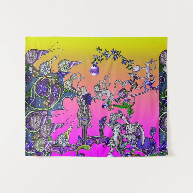 MEDIEVAL BESTIARY WAR, KNIGHTS, GIANT SNAILS Green Wandteppich (Vorderseite (Horizontal))