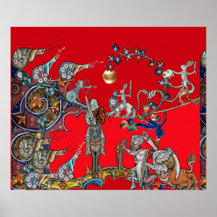 MEDIEVAL BESTIARY WAR, KNIGHTS, GIANT SNAILS Red Poster