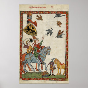 Medieval Boys on horseback with birds Poster Print